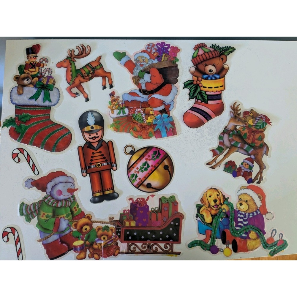 Vintage Christmas Window Clings Lot Santa Snowman Reindeer Nutcracker Retro Deco